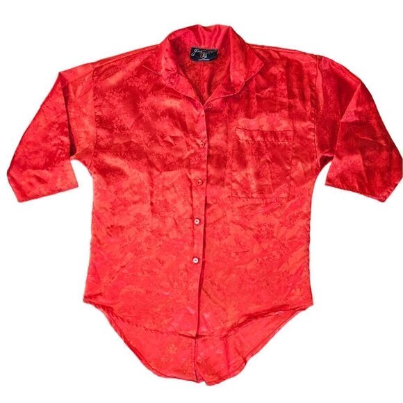 Vintage Gina USA Red Floral Jacquard Satin Short Sleeve Button Down Sleep Shirt - Picture 1 of 7